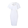 Detalle de vestido ajustado blanco con corte en V y elegantes mangas tipo capa - S / Blanco