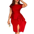 Detail view of red slim-fit dress with peplum waist design and side slit hemline - S / Red