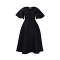 Detailed view of women's black V-neck wrap dress featuring elegant flutter sleeves and hem - S / Black