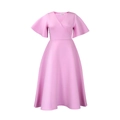 Detail view of the V-neck wrap design and ruffled short sleeves on pink midi dress - S / Pink