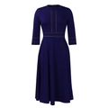 Detail of navy blue A-line dress featuring vibrant yellow contrast stitching and midi sleeves - S / Dark Blue