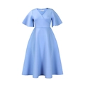 Close-up of V-neckline and ruffle sleeves on elegant light blue A-line midi dress - S / Sky Blue