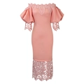 Elegantes schulterfreies rosa Kleid mit feiner Stickerei und voluminösen Puffärmeln - S / Rosa