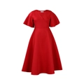Detailed view of red V-neck dress featuring elegant ruffle sleeves and waist seam - Red
