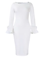 Detail of the white bodycon dress featuring elegant ostrich feather trim on the sleeves - S / White