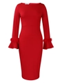 Detail of red slim-fit dress featuring bell sleeves and matching faux feather trim cuffs - S / Red