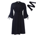 Navy blue V-neck pleated midi dress with cinched waist and adjustable drawstring sleeves - S / Black