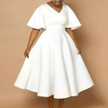 Elegant white V-neck dress with flare sleeves and a wide A-line skirt silhouette - White