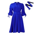 Royal blue A-line dress with V-neck, pleated sleeves, and a matching square buckle belt - S / Blue