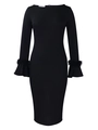 Detail of elegant black dress showing feathered bell sleeves and a chic boat neckline - S / Black