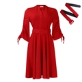Women's red A-line dress with V-neck, drawstring sleeves and matching wide belt - S / Red