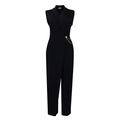 Detail of black sleeveless jumpsuit with gold lion head buttons and metal chain decor - S / Black