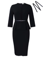 Slim fit black peplum dress with three-quarter sleeves and a matching thin waist belt - S / Black