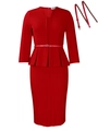 Elegant red V-neck peplum top and pencil skirt two-piece set for women with waist belt - S / Red