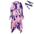 Vestido camisero de manga larga con estampado floral rosa y azul y cinturón brillante - S / Rosa con cinturón