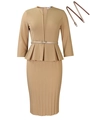 Camel Peplum Dress with V-neck, three-quarter sleeves and pleated pencil skirt - S / Khaki