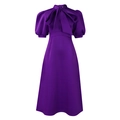 Detail of dark purple dress featuring a large bow neckline and puff short sleeves - S / Purple
