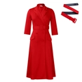 Detail van rode jurk met dubbele knopenrij met reverskraag en bijpassende tailleriem - S / Rood
