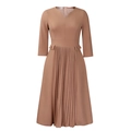 Close-up of elegant V-neckline and button detail on camel pleated midi dress - S / Khaki