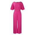 Detail of rose pink wide-leg jumpsuit with elegant round neck and metal waist buckle - Rose Red