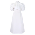 Detailed view of white midi dress with puff sleeves and elegant large bow tie neckline - S / White
