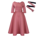Elegantes altrosa A-Linien-Kleid mit 3/4-Ärmeln und passendem Gürtel mit Schnalle - S / Lotusrosa