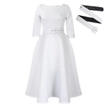 Elegantes weißes langärmeliges Midikleid mit Gürtel und ausgestelltem Rock für formelle Feste - S / Weiß