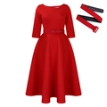 Elegantes rotes Kleid mit halblangen Ärmeln, passendem Gürtel und weitem Rockteil - S / Rot