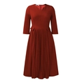 Detail of burgundy V-neck pleated dress featuring three-quarter sleeves and high waist design - Brown