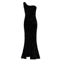 Detail eines schwarzen Pailletten-Abendkleides mit One-Shoulder-Design und Beinschlitz - S / Schwarz