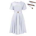 Detail of light purple dress with puff sleeves and thin waist belt with gold ring buckle - S / Pure White With Belt