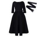 Elegantes schwarzes langärmeliges Partykleid mit passendem Gürtel und ausgestelltem Rock - S / Schwarz