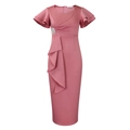 Detailed close-up of elegant ruffles and silver glitter buckle on a rose pink pencil dress - S / Lotus root pink