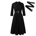 Elegant plus size black V-neck dress with three-quarter sleeves and a belted waistline - S / Black