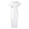 Close-up of white dress showing square neckline, ruffled sleeves and decorative waist buckle - S / White