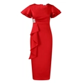 Detail view of red bodycon midi dress featuring tiered ruffle sleeves and crystal buckle - S / Red