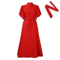 Elegant red long-sleeved A-line maxi dress with button front and matching waist belt - S / Orange Red