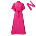 Fuchsia button-down dress with flare sleeves and matching belt in mid-length A-line cut - S / Rose Red