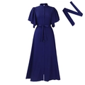 Navy blue flared sleeve maxi dress with button front and matching waist belt - S / Dark Blue