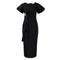 Elegant black short sleeve sheath dress featuring ruffle cuffs and rhinestone waist detail - S / Black