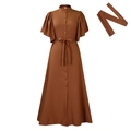 Deep brown button-down summer dress with flared sleeves and a self-tie waist belt - S / Brown