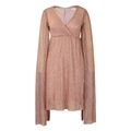 Detail of rose gold pleated V-neck dress with elegant cape sleeves and metallic finish - Rose Gold