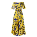 Detail of high-waist A-line dress with yellow floral print, waist tie, and flared sleeves - S / Yellow Blue Graffiti