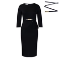 Elegante abito midi nero a maniche lunghe con cintura dorata e arricciatura laterale - S / Nero Con Cintura