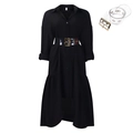 Robe chemise noire élégante avec ceinture transparente et ourlet évasé à plis souples - S / Noir