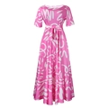 Detail of pink African print maxi dress with tie-waist and abstract white motifs - S / Pink White Graffiti