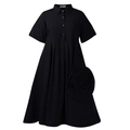 Detail of black A-line dress featuring a 3D rose flower and button-down shirt collar - S / Black