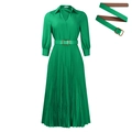 Emerald green long sleeve pleated maxi dress with V-neck and matching waist belt - S / Emerald Green