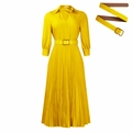 Elegant yellow V-neck pleated dress with long sleeves and a matching gold buckle belt - S / Bright Yellow