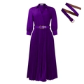 Elegant purple long sleeve pleated maxi dress with V-neckline and matching gold buckle belt - S / Deep purple
